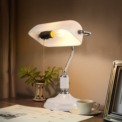 15 in. Silver Task and Reading Bankers Lamp with White Glass Shade and Pull Chain, 350?? Adjustable Desk Lamp for Bedroom