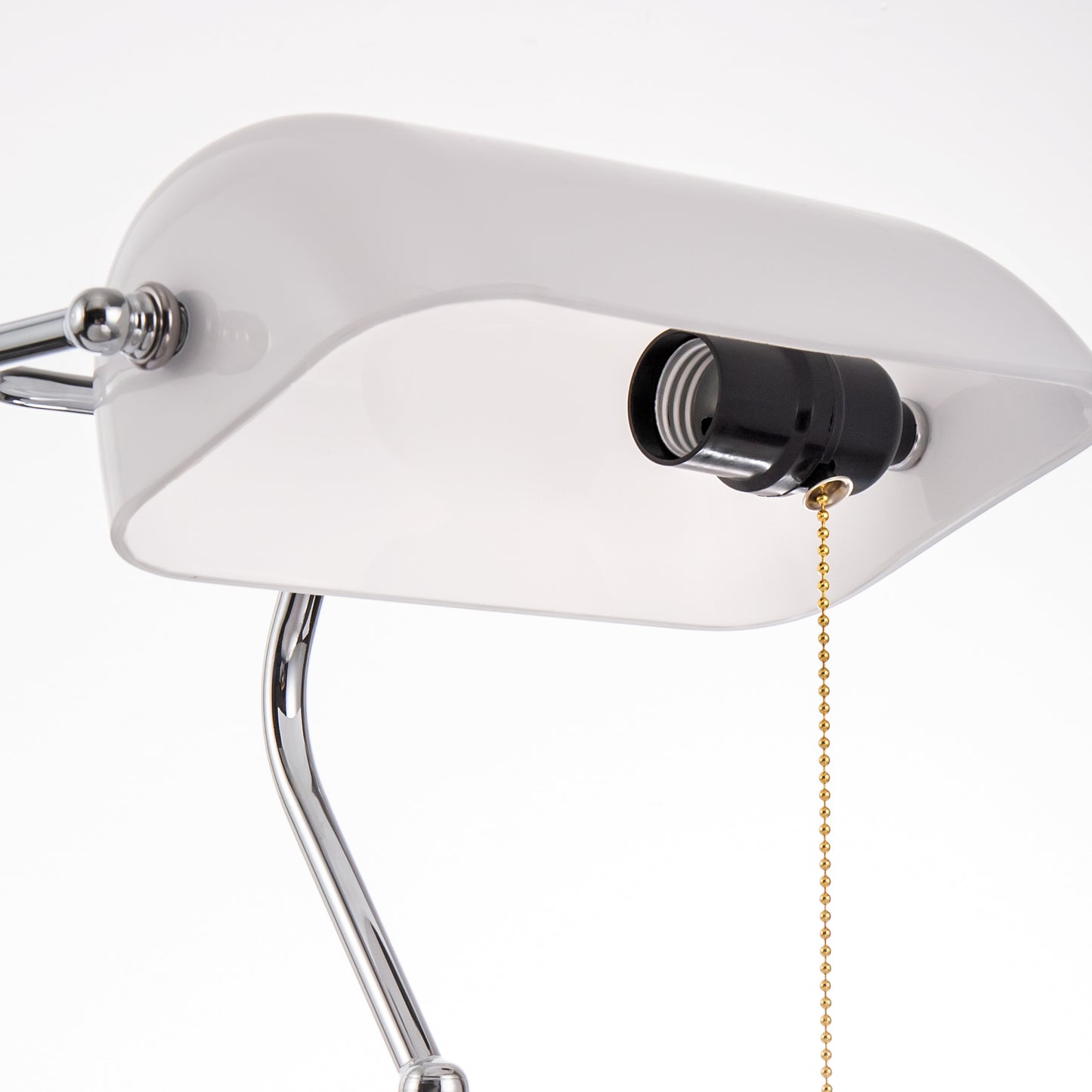 15 in. Silver Task and Reading Bankers Lamp with White Glass Shade and Pull Chain, 350?? Adjustable Desk Lamp for Bedroom