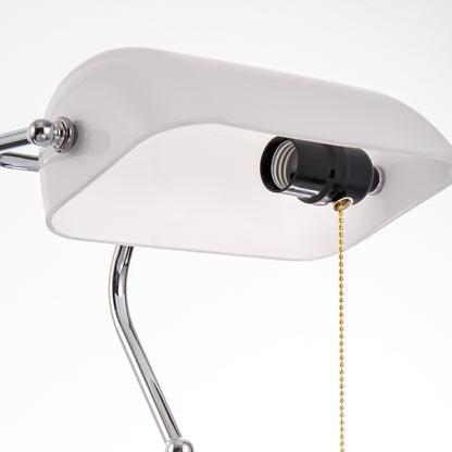 15 in. Silver Task and Reading Bankers Lamp with White Glass Shade and Pull Chain, 350?? Adjustable Desk Lamp for Bedroom