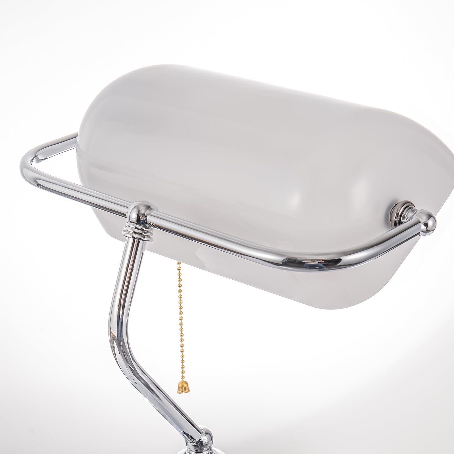 15 in. Silver Task and Reading Bankers Lamp with White Glass Shade and Pull Chain, 350?? Adjustable Desk Lamp for Bedroom