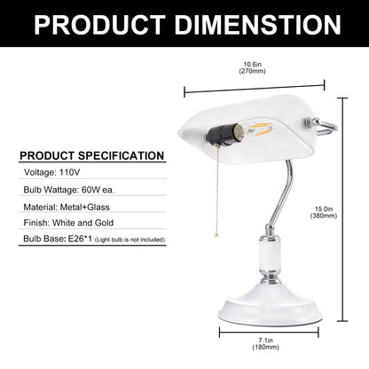 15 in. Silver Task and Reading Bankers Lamp with White Glass Shade and Pull Chain, 350?? Adjustable Desk Lamp for Bedroom