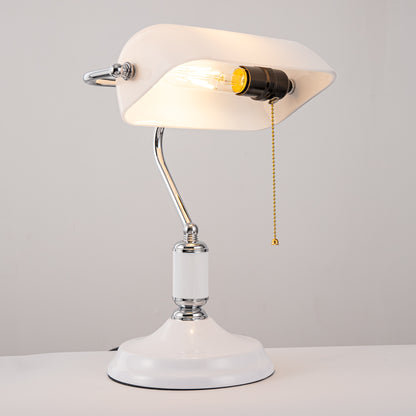 15 in. Silver Task and Reading Bankers Lamp with White Glass Shade and Pull Chain, 350?? Adjustable Desk Lamp for Bedroom
