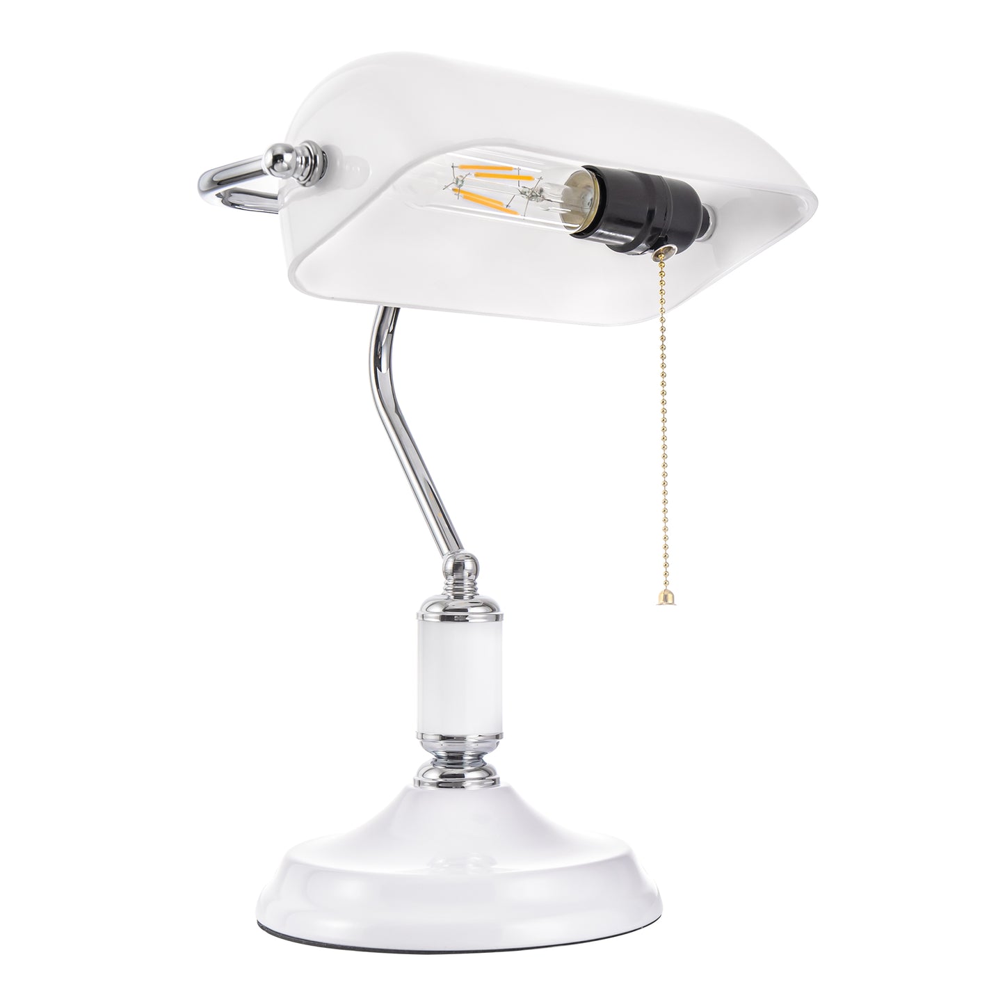 15 in. Silver Task and Reading Bankers Lamp with White Glass Shade and Pull Chain, 350?? Adjustable Desk Lamp for Bedroom