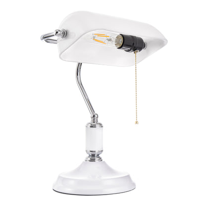 15 in. Silver Task and Reading Bankers Lamp with White Glass Shade and Pull Chain, 350?? Adjustable Desk Lamp for Bedroom