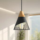 YANSUN Single-Light Pendant with Wood Accents & Perforated Metal Shade, Matte Black Finish, Industrial Rustic Design