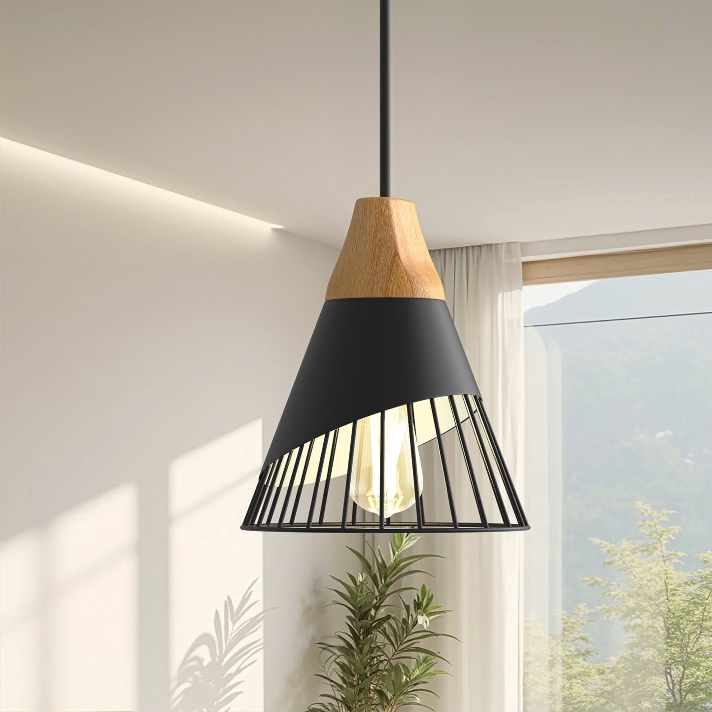 YANSUN Single-Light Pendant with Wood Accents & Perforated Metal Shade, Matte Black Finish, Industrial Rustic Design