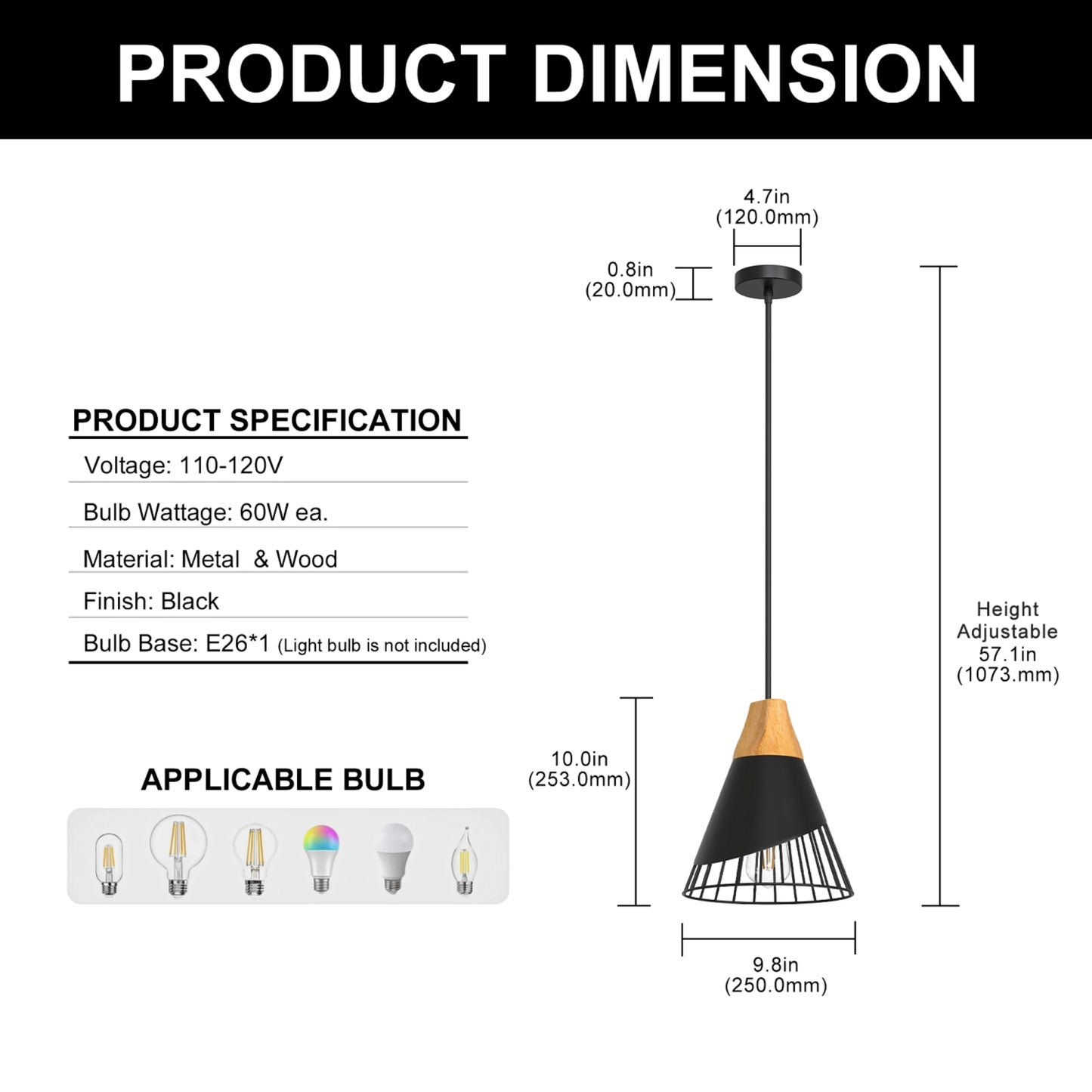 YANSUN Single-Light Pendant with Wood Accents & Perforated Metal Shade, Matte Black Finish, Industrial Rustic Design