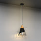 YANSUN Single-Light Pendant with Wood Accents & Perforated Metal Shade, Matte Black Finish, Industrial Rustic Design