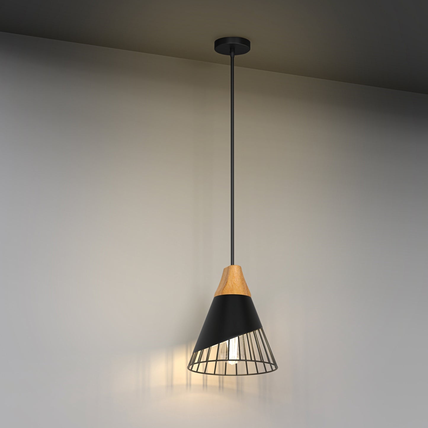 YANSUN Single-Light Pendant with Wood Accents & Perforated Metal Shade, Matte Black Finish, Industrial Rustic Design