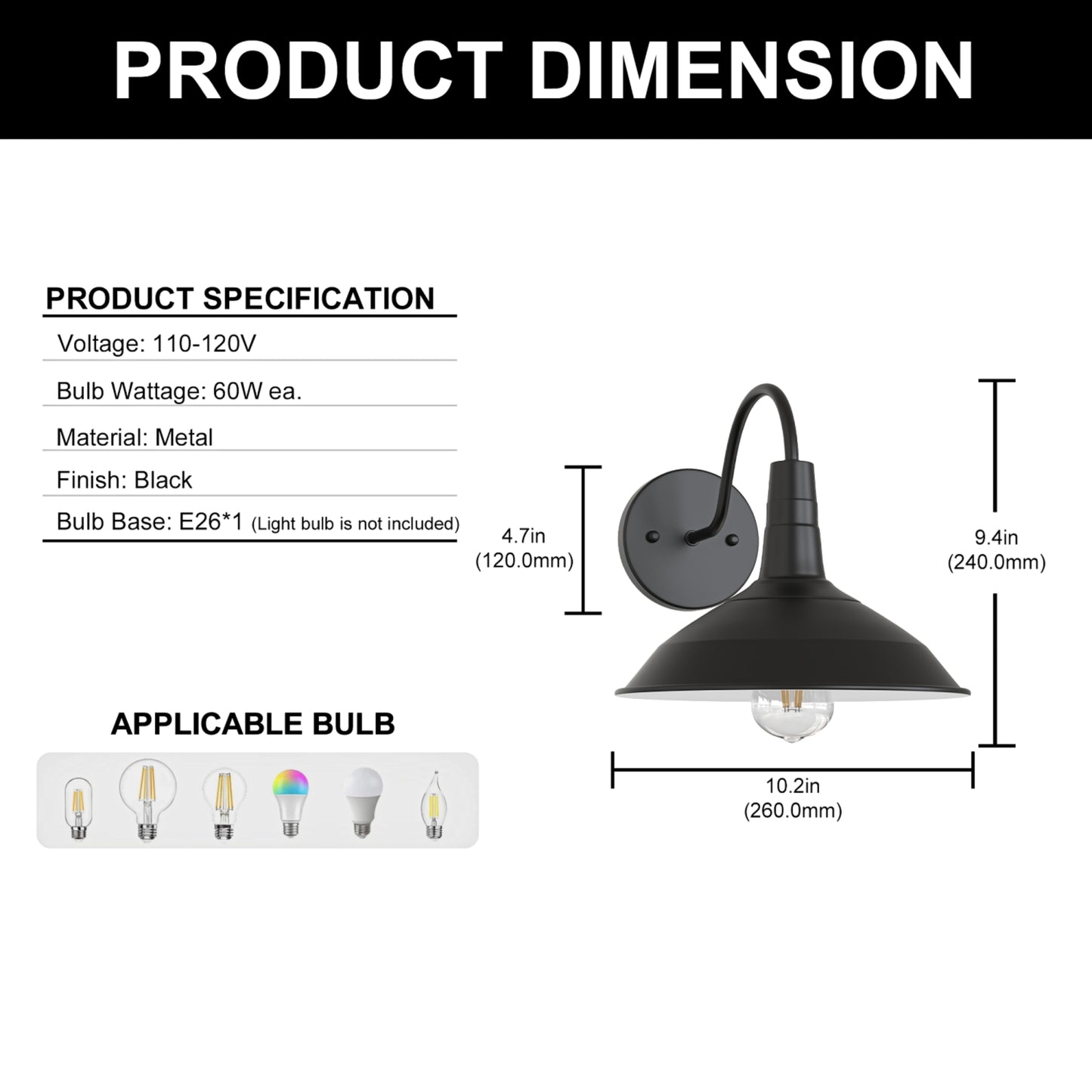 YANSUN Wall Sconce with Curved Arm & Round Backplate, Matte Black Finish, Minimalist Design, Traditional Single-Light