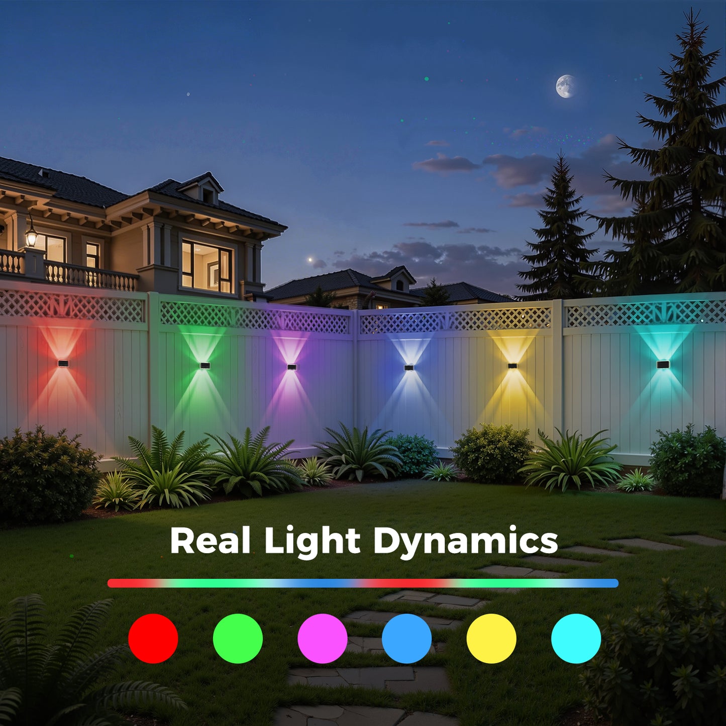 YANSUN 6-Pack Solar Fence Lights Outdoor, RGBW, Dusk to Dawn, 4 LEDs Up & Down, Waterproof Plastic, Black