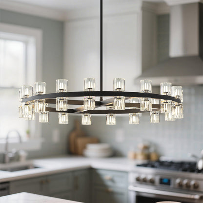 YANSUN 36 in. 36 Light Matte Black Wagon Wheel Chandelier with Crystal Shade and G4 LED Bulbs Included for Kitchen