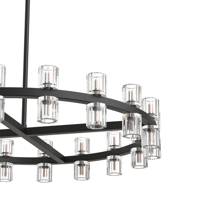 YANSUN 36 in. 36 Light Matte Black Wagon Wheel Chandelier with Crystal Shade and G4 LED Bulbs Included for Kitchen