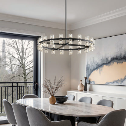 YANSUN 36 in. 36 Light Matte Black Wagon Wheel Chandelier with Crystal Shade and G4 LED Bulbs Included for Kitchen