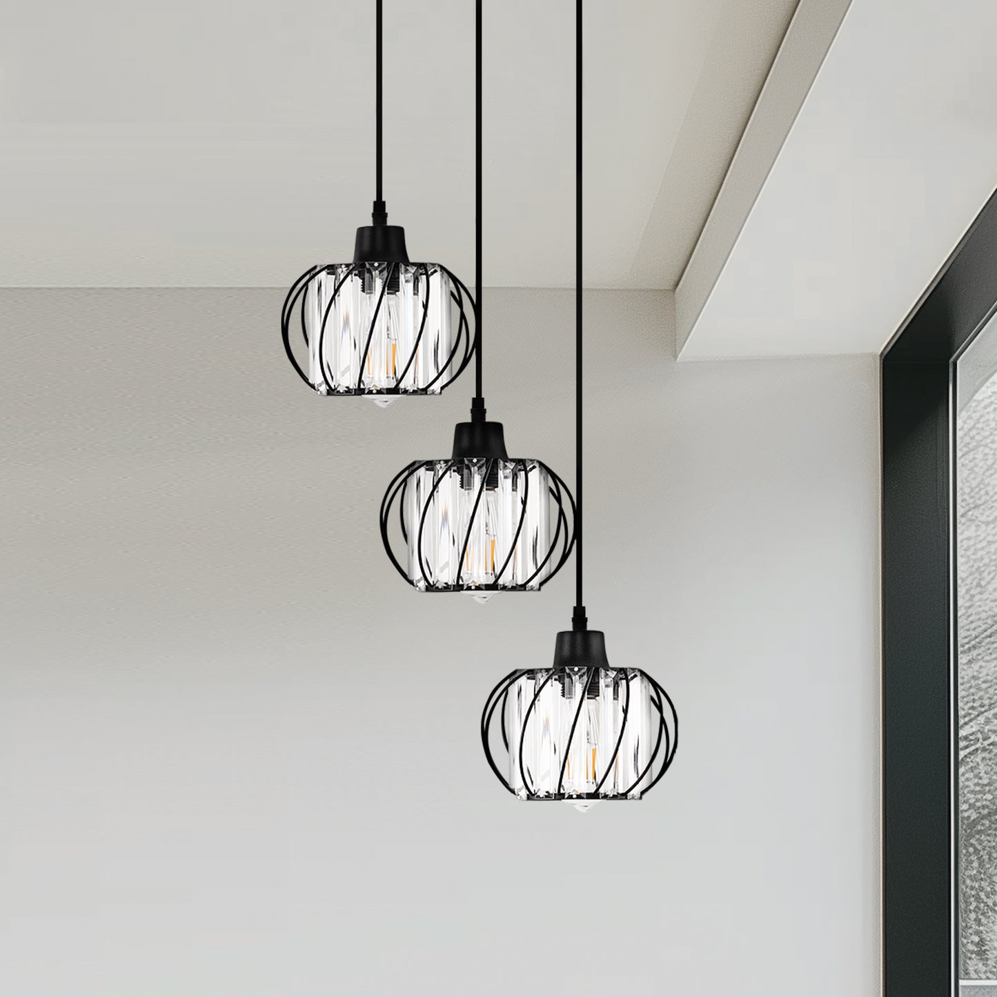 YANSUN 3-Light Black Island Pendant Light with Crystal Shades, Metal Frame, E26 Base, Modern Kitchen Lighting Fixture