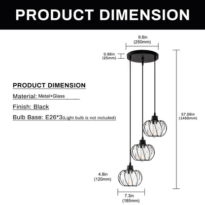 YANSUN 3-Light Black Island Pendant Light with Crystal Shades, Metal Frame, E26 Base, Modern Kitchen Lighting Fixture