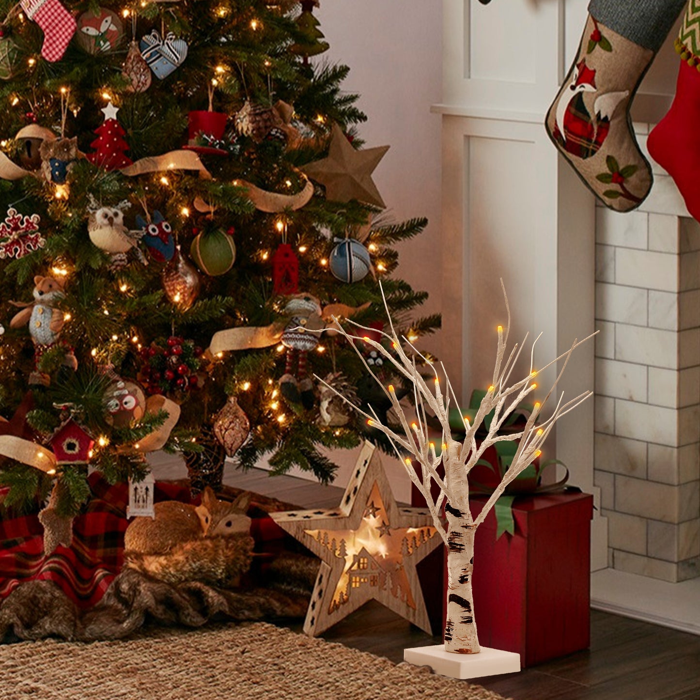 YANSUN 17.7in LED Birch Tree Light Warm White Tabletop Decorative Tree Lamp with Square Base for Bedroom Holiday Décor