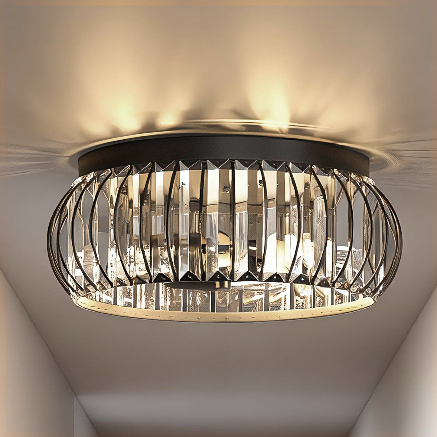 YANSUN 15-Inch Flush Mount Ceiling Light, Diagonal Crystal Bars, Matte Black Finish, Traditional Elegant Design