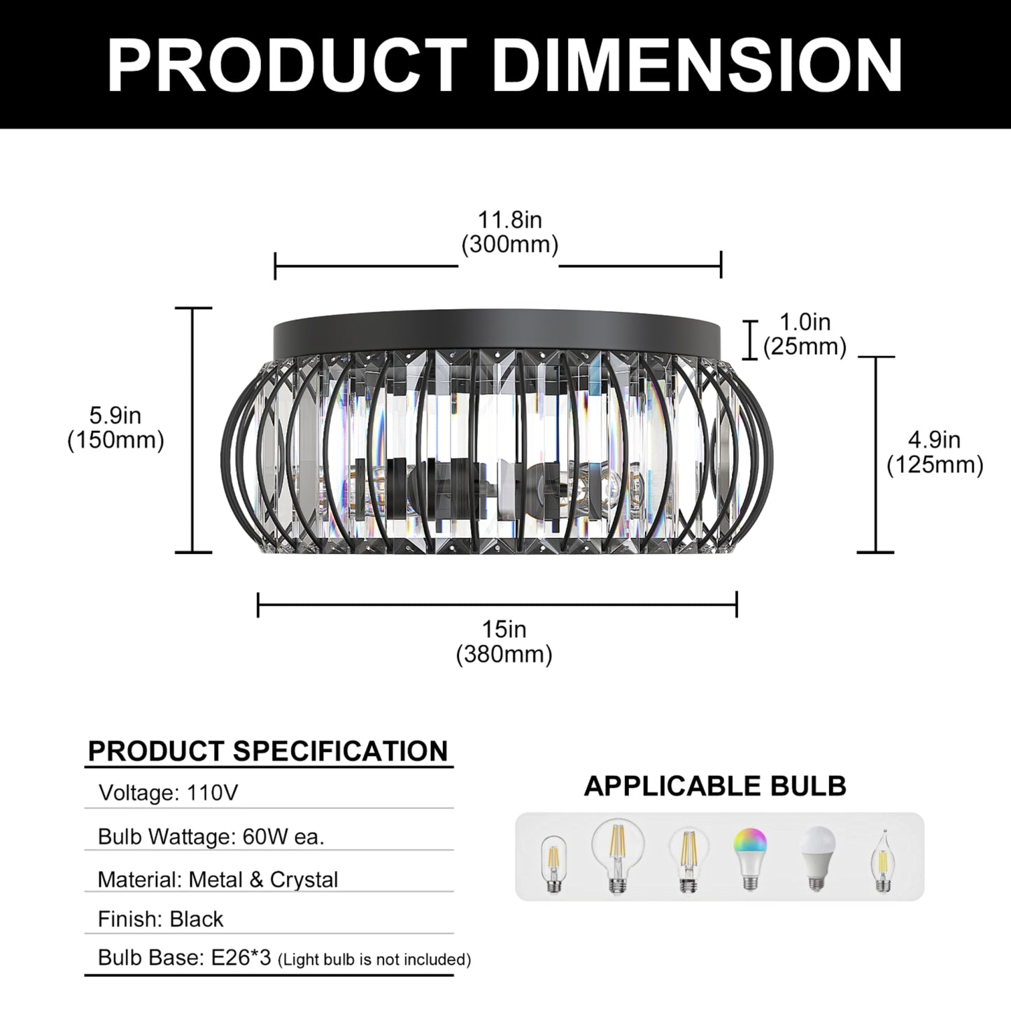 YANSUN 15-Inch Flush Mount Ceiling Light, Diagonal Crystal Bars, Matte Black Finish, Traditional Elegant Design