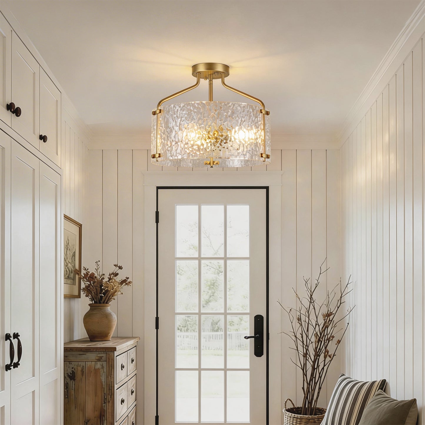 YANSUN 15.4 in. 3-Light Drum Antique Copper Semi-Flush Mount Ceiling Light with Clear Ripple Glass Shade, for Kitchen, Hallway