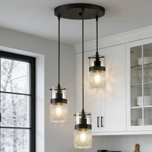 YANSUN 3-Light Cluster Pendant Light Matte Black Glass Shade Hanging Fixture E26 Base 110V