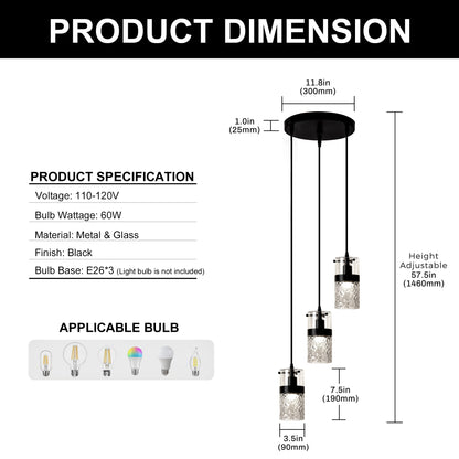 YANSUN 3-Light Cluster Pendant Light Matte Black Glass Shade Hanging Fixture E26 Base 110V