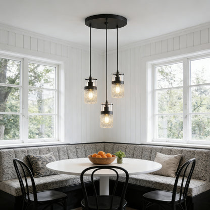YANSUN 3-Light Cluster Pendant Light Matte Black Glass Shade Hanging Fixture E26 Base 110V