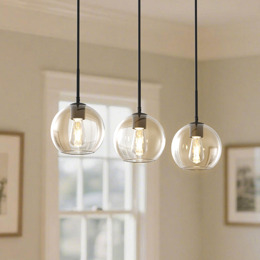 YANSUN 3-Light Island Pendant with Clear Glass Globes, Industrial Matte Black Finish for Kitchen & Dining (7.9"x5.1")