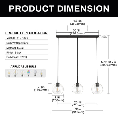 YANSUN 3-Light Island Pendant with Clear Glass Globes, Industrial Matte Black Finish for Kitchen & Dining (7.9"x5.1")