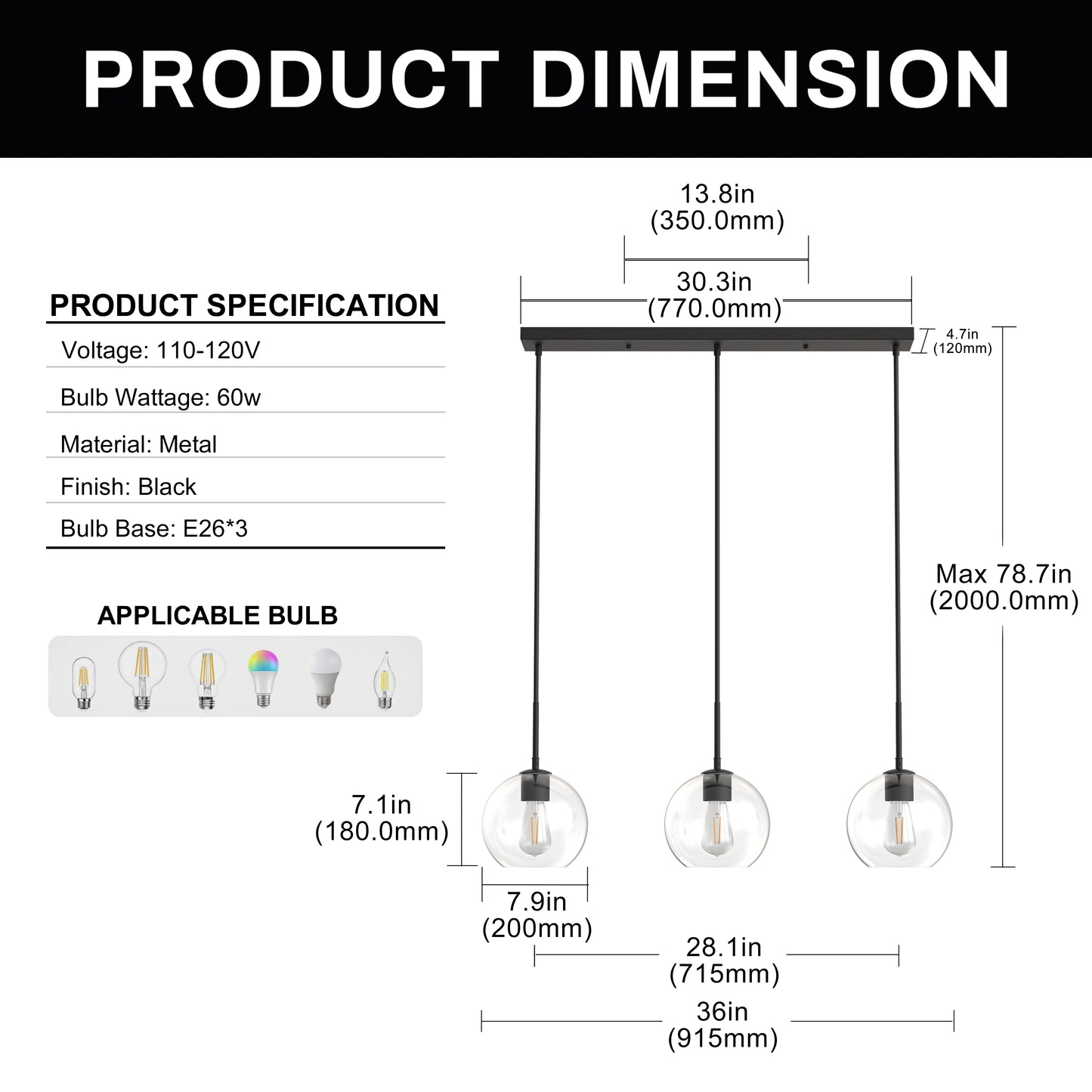 3 Light Island Pendant Light with Matte Black Finish & Clear Glass Globe for Dining Room and Kitchen, No Bulbs Included