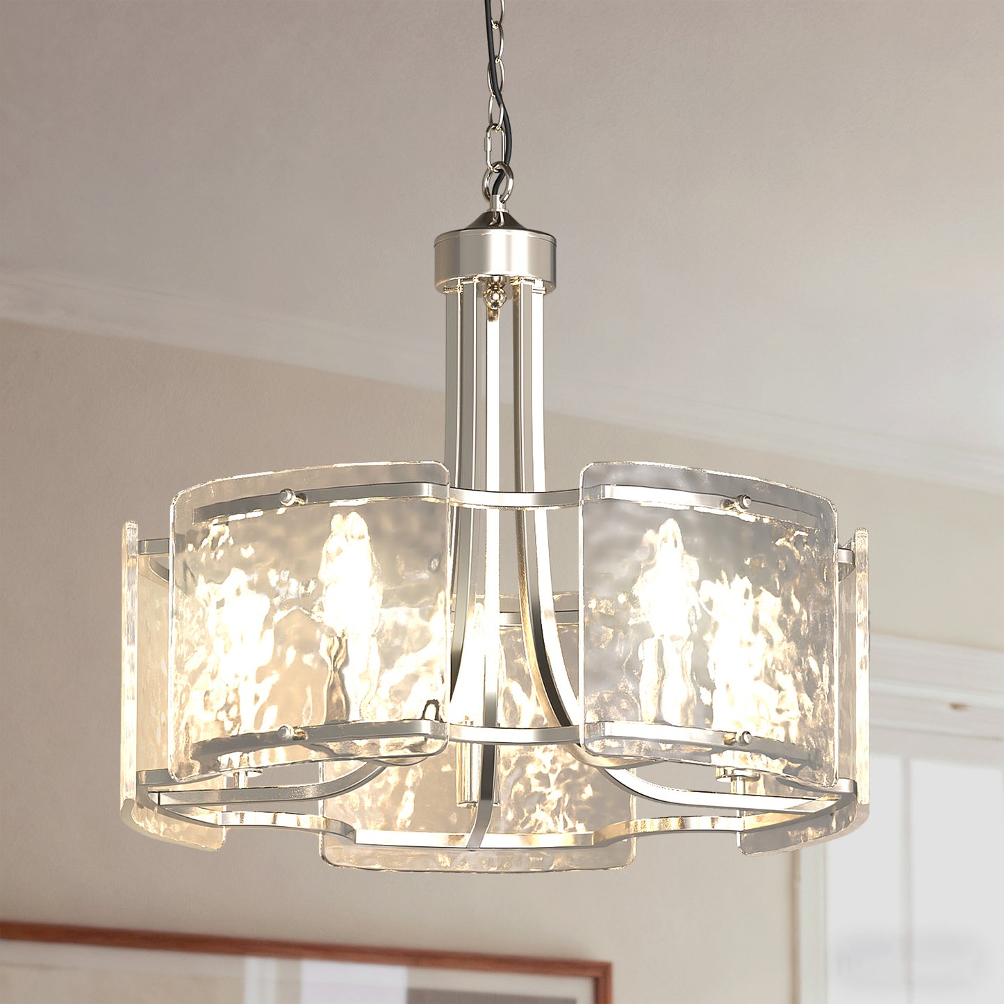 YANSUN 5-Light Hand-Blown Glass Chandelier, Brushed Nickel Finish, 18.9" Diameter, Adjustable Chain, 4.7" Ceiling Plate