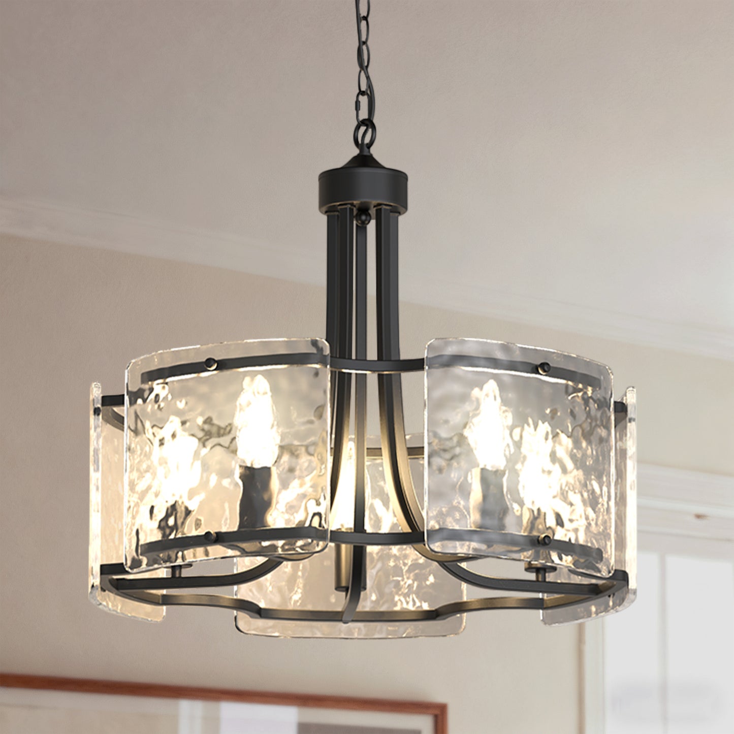 YANSUN 5-Light Hand-Blown Glass Chandelier, Matte Black Finish, 18.9" Diameter, Adjustable Chain, Traditional Candelabra Design