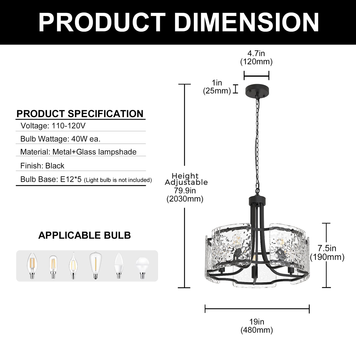 YANSUN 5-Light Hand-Blown Glass Chandelier, Matte Black Finish, 18.9" Diameter, Adjustable Chain, Traditional Candelabra Design