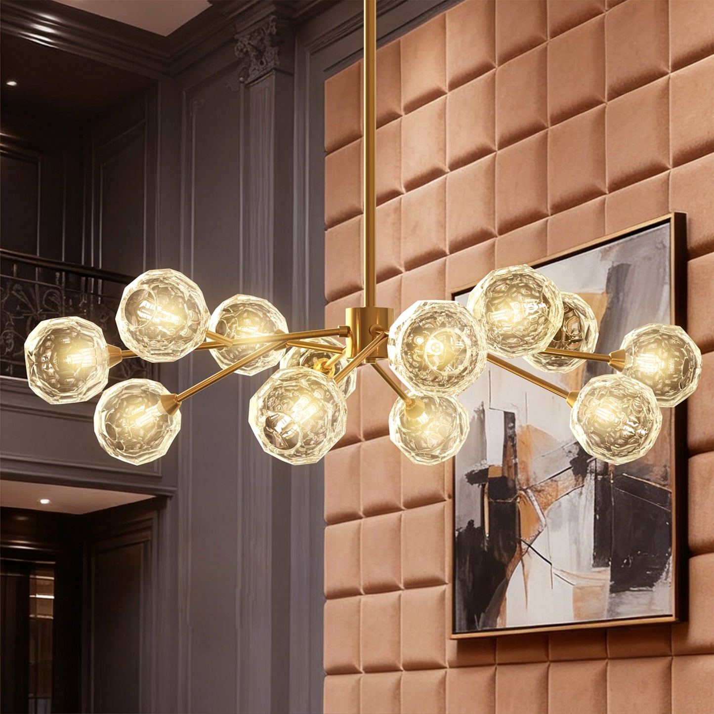 YANSUN 12-Light Chandelier with Clear Glass Shades, Brushed Copper Finish, Traditional Crystal Style, Adjustable Hanging Rods