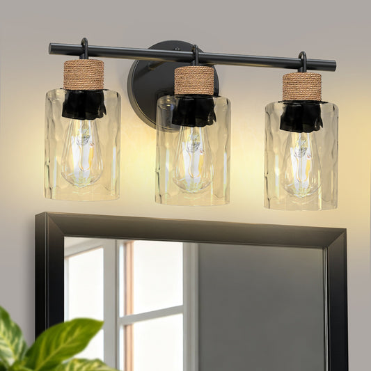YANSUN 3-Light Vanity Mirror Light with Wavy Glass Shades, Jute Rope Accents, Matte Black Finish, 17.3-Inch Width