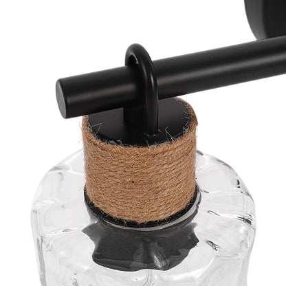 YANSUN 3-Light Vanity Mirror Light with Wavy Glass Shades, Jute Rope Accents, Matte Black Finish, 17.3-Inch Width