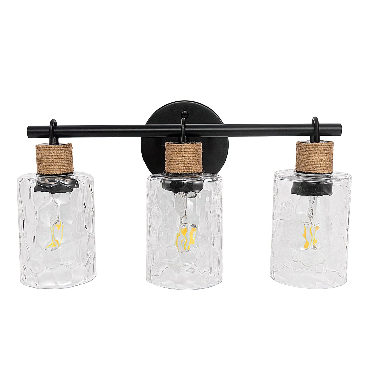 YANSUN 3-Light Vanity Mirror Light with Wavy Glass Shades, Jute Rope Accents, Matte Black Finish, 17.3-Inch Width