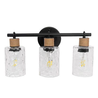 YANSUN 3-Light Vanity Mirror Light with Wavy Glass Shades, Jute Rope Accents, Matte Black Finish, 17.3-Inch Width