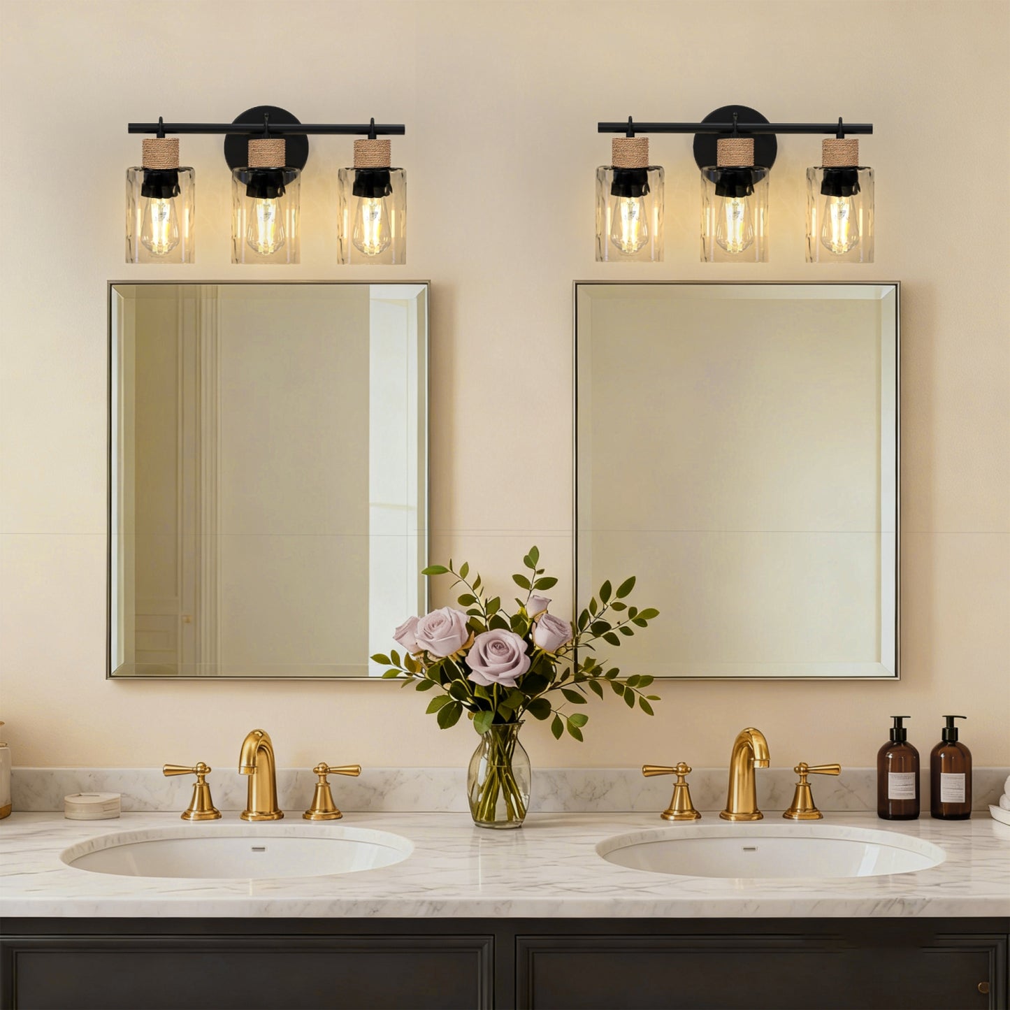 YANSUN 3-Light Vanity Mirror Light with Wavy Glass Shades, Jute Rope Accents, Matte Black Finish, 17.3-Inch Width