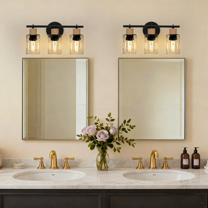 YANSUN 3-Light Vanity Mirror Light with Wavy Glass Shades, Jute Rope Accents, Matte Black Finish, 17.3-Inch Width
