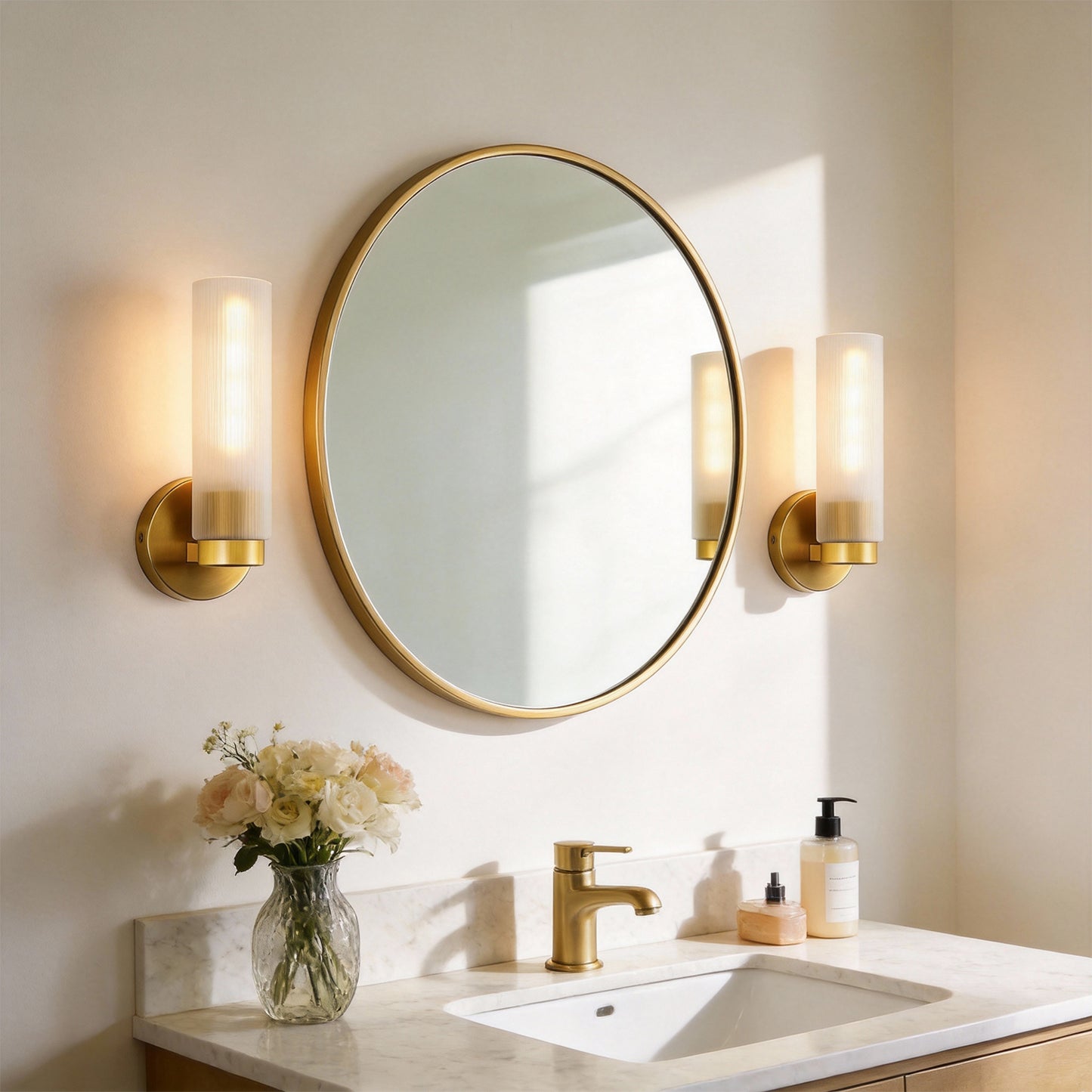 YANSUN 4.1 in. 1-Light Striped Frosted Glass Wall Sconce, Copper Finish Metal, 2-Pack, E26 Bulb Not Included