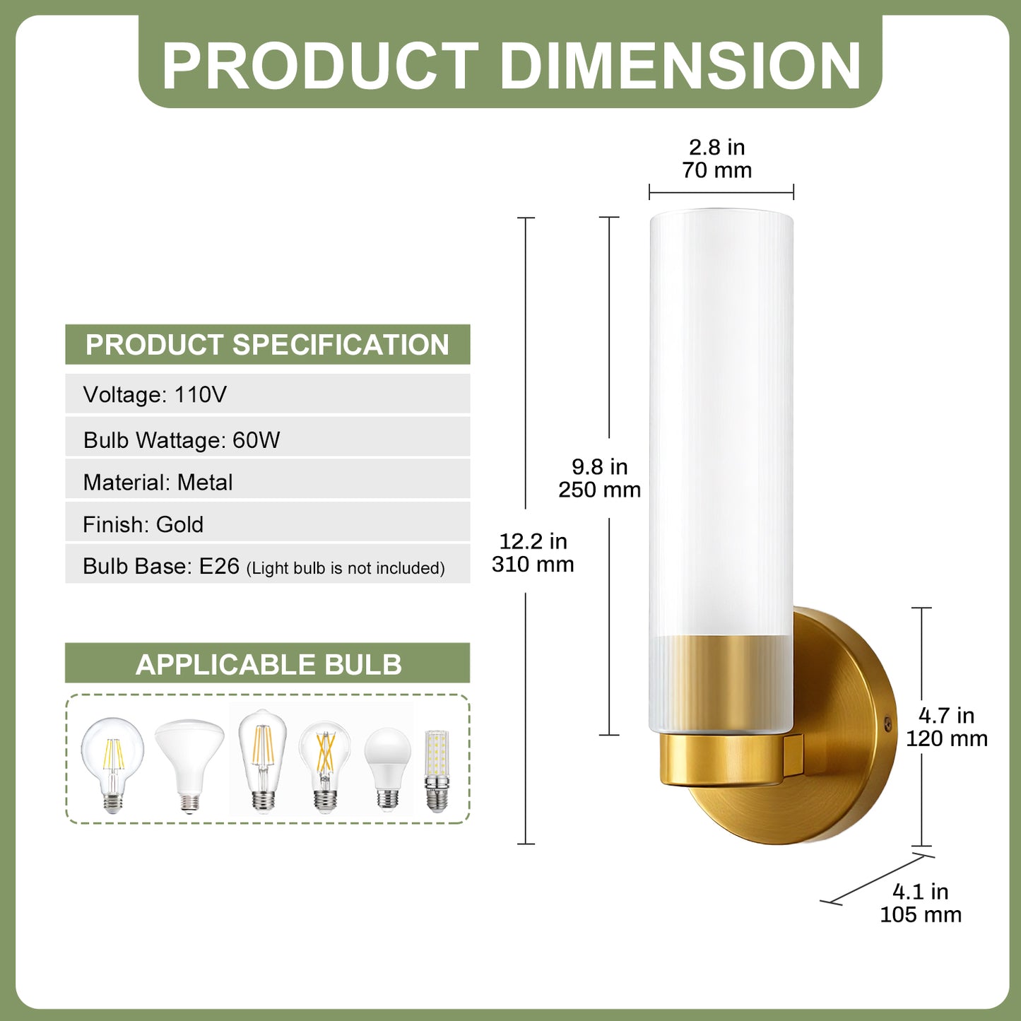YANSUN 4.1 in. 1-Light Striped Frosted Glass Wall Sconce, Copper Finish Metal, 2-Pack, E26 Bulb Not Included