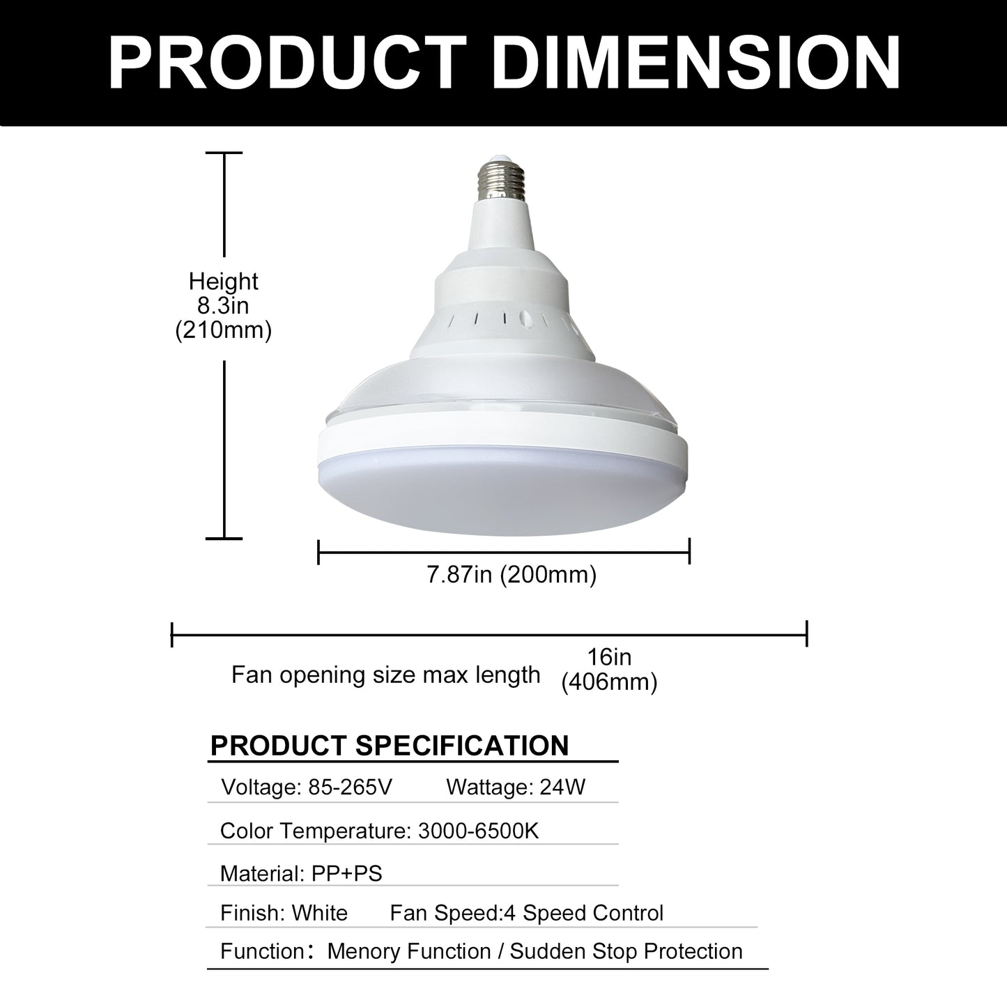 YANSUN 16 in 3-Blade Hidden Fan Blade Ceiling Light with APP Control and Extension Rod, Black, E26/E27, 85-265V