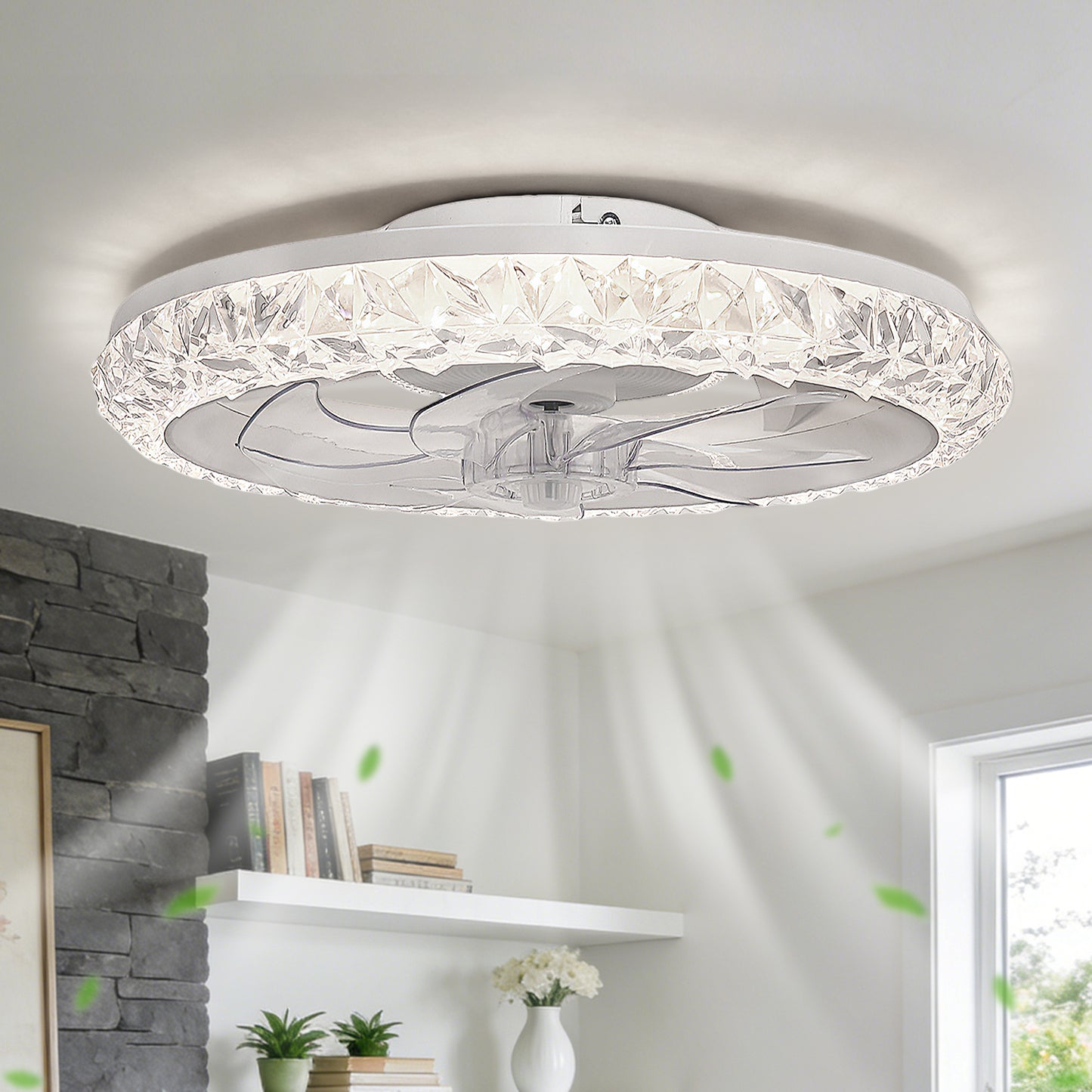YANSUN 19 in. 15W 7-Blade White Crystal Ceiling Fan with Stepless Dimming and Night Light, Brightness Adjustment 3000 to 6500K