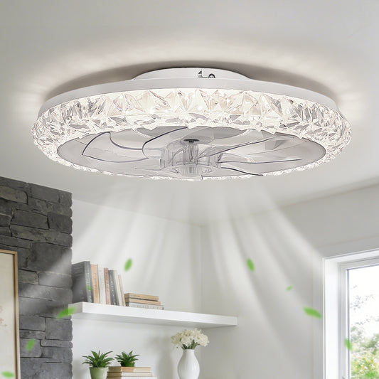 YANSUN 19 in. 15W 7-Blade White Crystal Ceiling Fan with Stepless Dimming and Night Light, Brightness Adjustment 3000 to 6500K