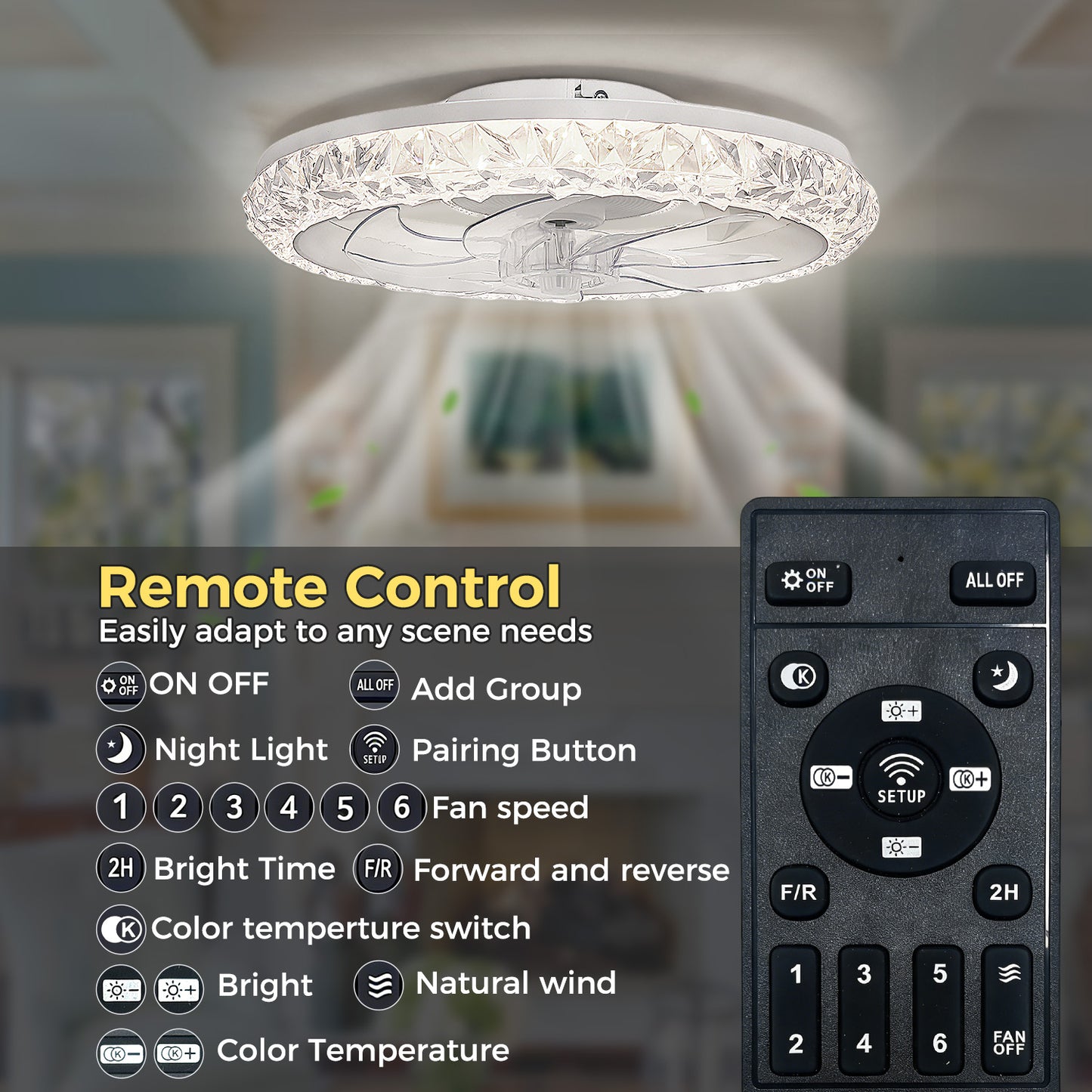 YANSUN 19 in. 15W 7-Blade White Crystal Ceiling Fan with Stepless Dimming and Night Light, Brightness Adjustment 3000 to 6500K