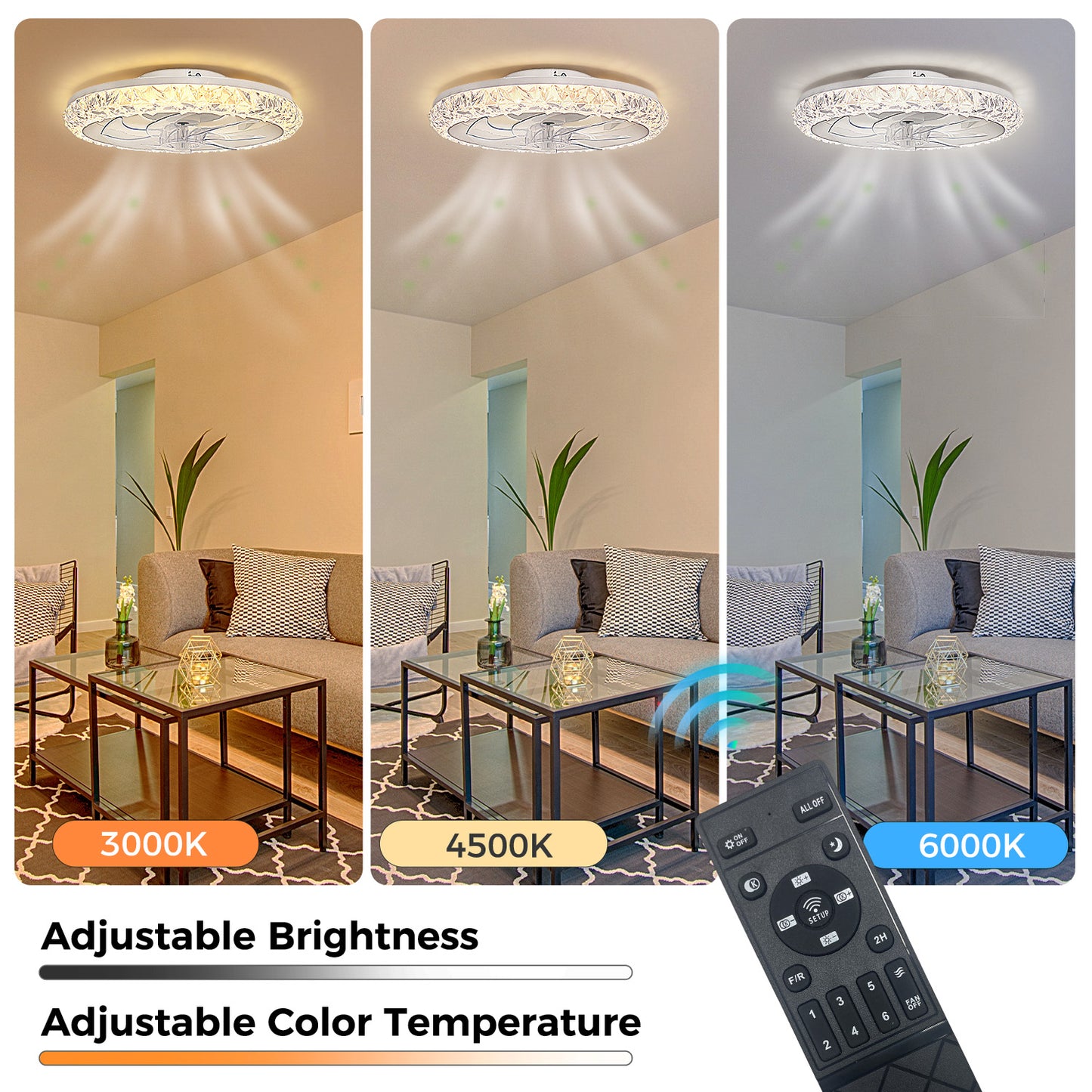 YANSUN 19 in. 15W 7-Blade White Crystal Ceiling Fan with Stepless Dimming and Night Light, Brightness Adjustment 3000 to 6500K