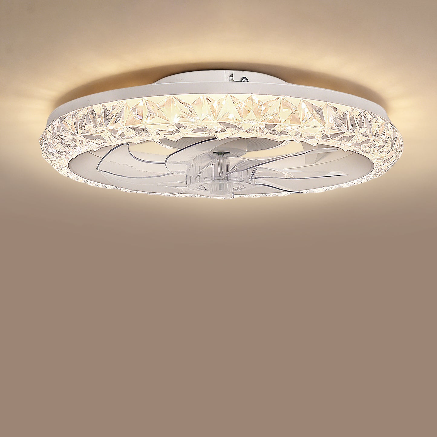 YANSUN 19 in. 15W 7-Blade White Crystal Ceiling Fan with Stepless Dimming and Night Light, Brightness Adjustment 3000 to 6500K