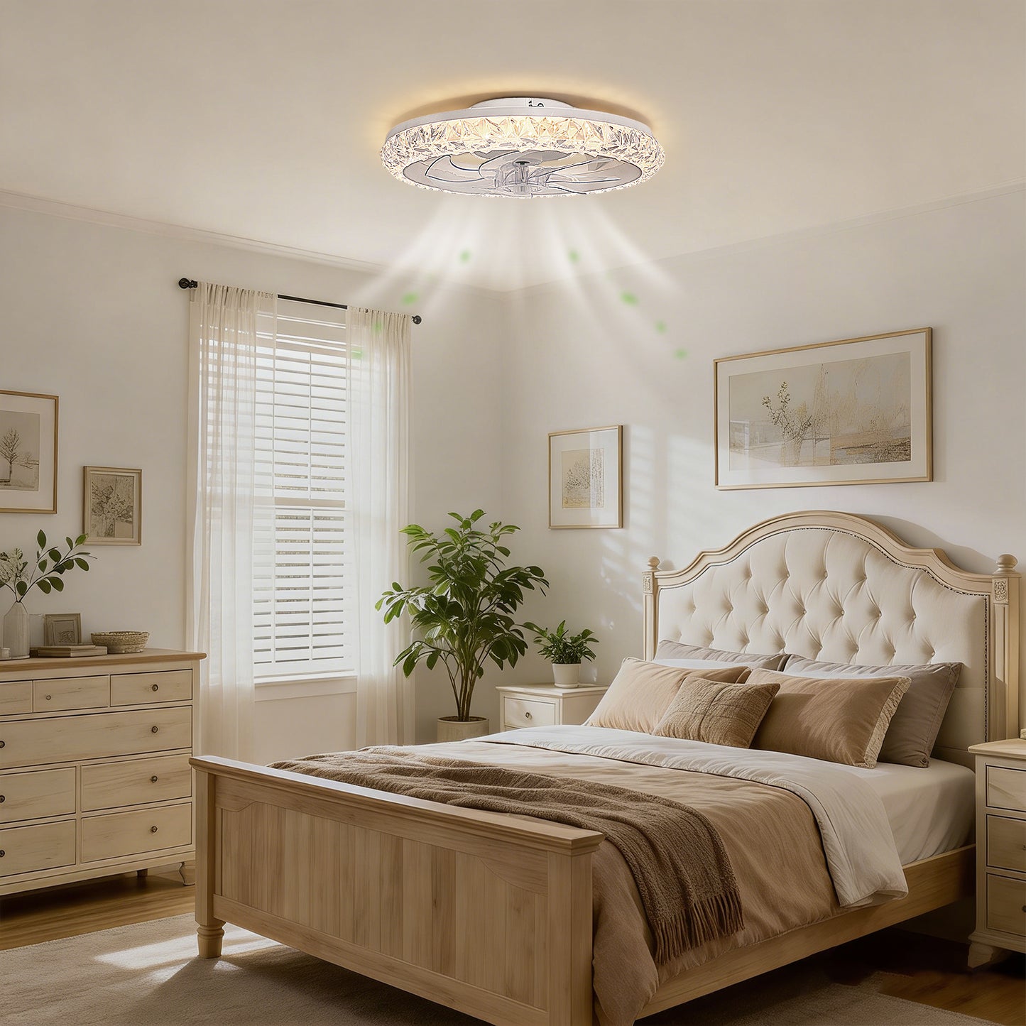 YANSUN 19 in. 15W 7-Blade White Crystal Ceiling Fan with Stepless Dimming and Night Light, Brightness Adjustment 3000 to 6500K