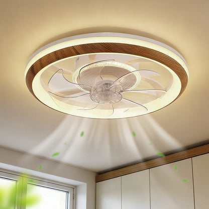 YANSUN 19 in. 15-Watt 7-Blade Wood Grain Standard  Flush Mount Ceiling Fan with Stepless Dimming and Night Light, White Finish